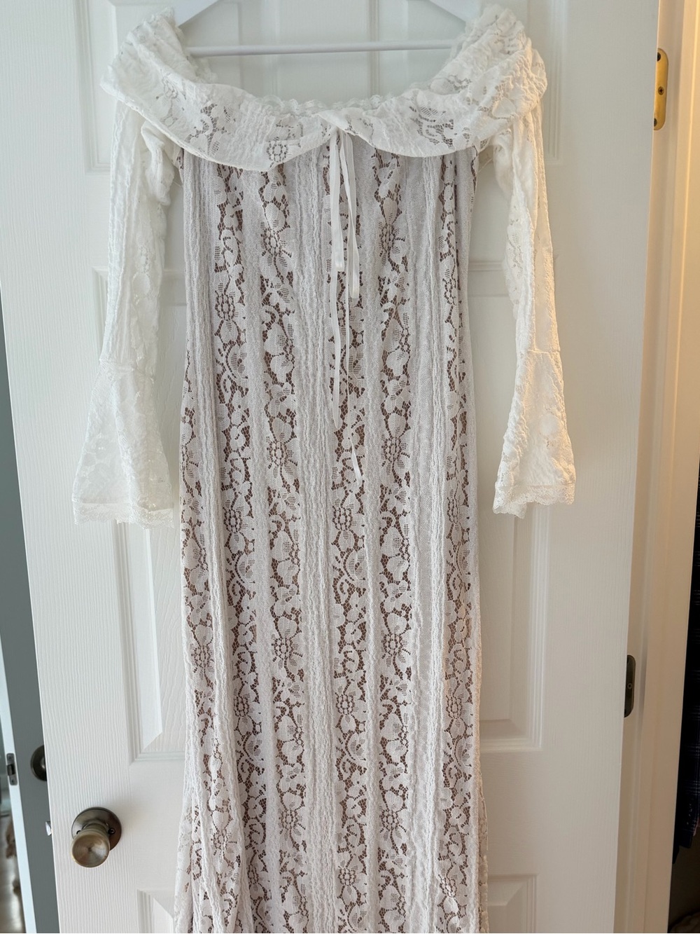 White Lace Maxi Dress with Off-Shoulder Collar